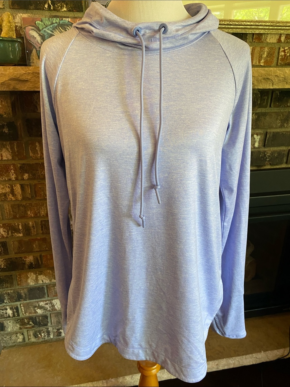 ATHLETA lavender blue hoodie w neck ties and cuff thumb holes. Hi-lo hem. Soft!!